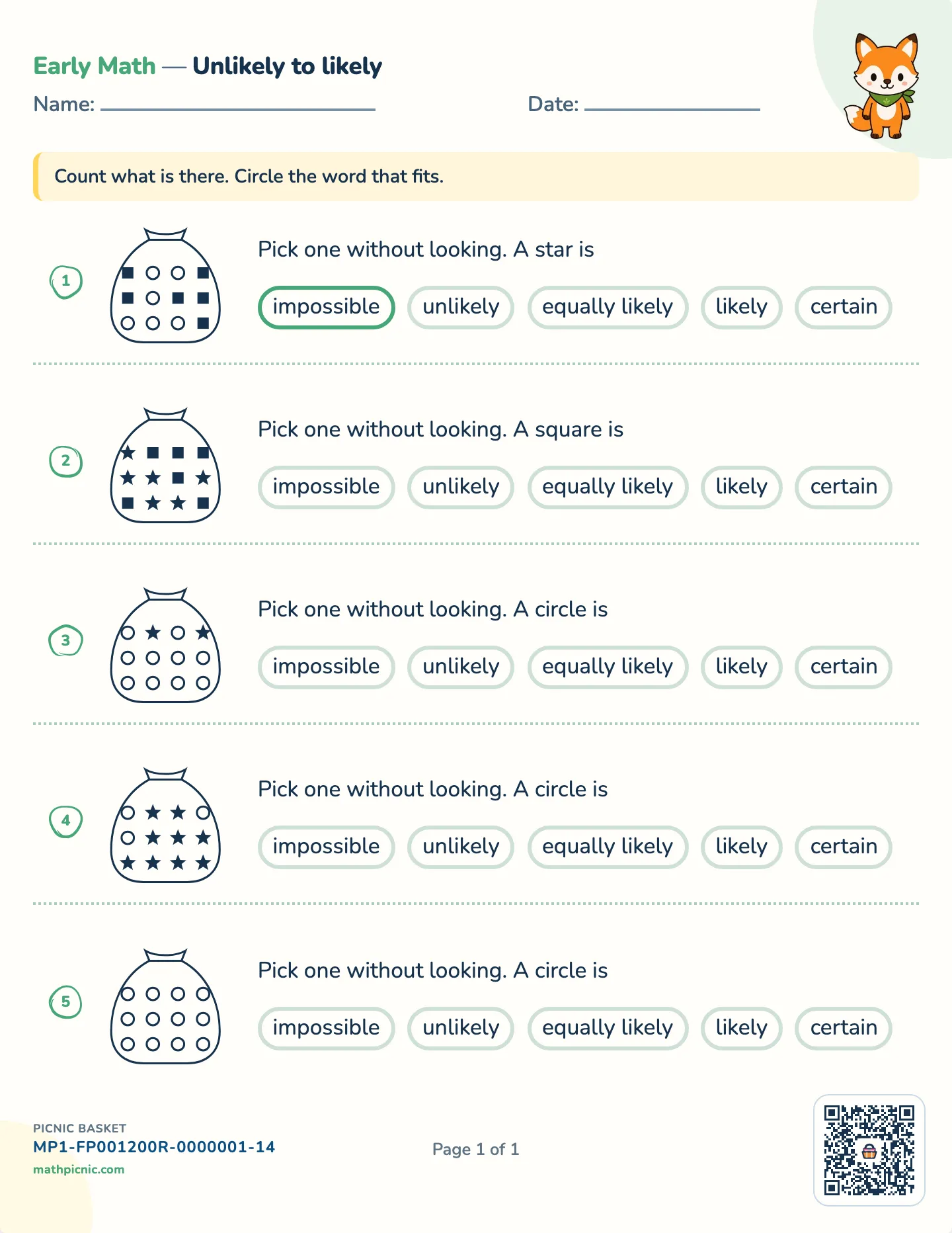 Likely or unlikely worksheet — Bags of 8 to 12 shapes, free printable with answer key