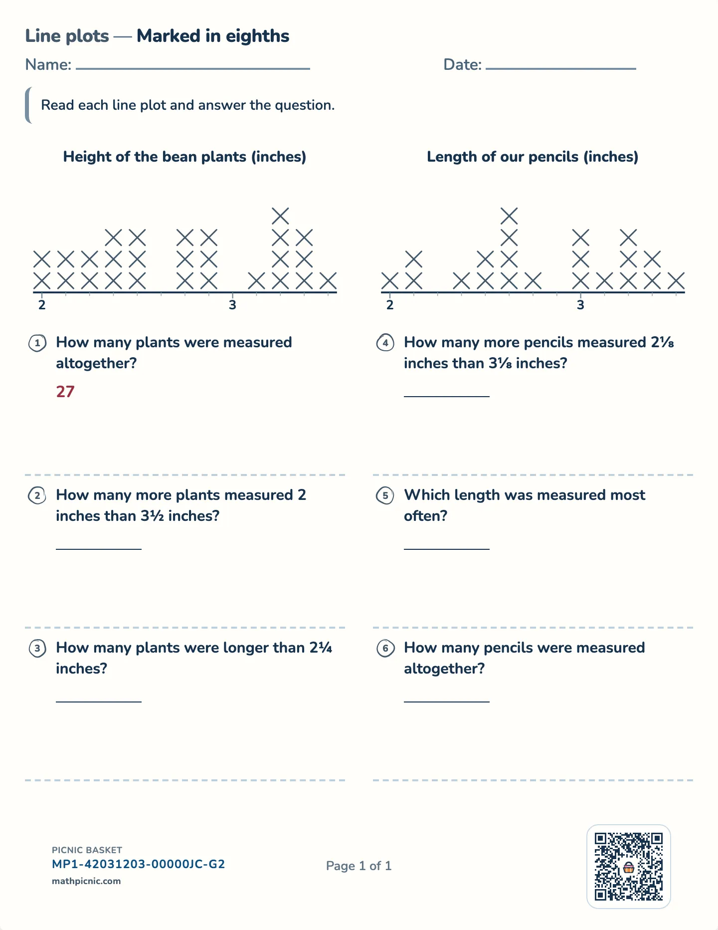 Line plots with eighths worksheet — Ruler marked in eighths, free printable with answer key