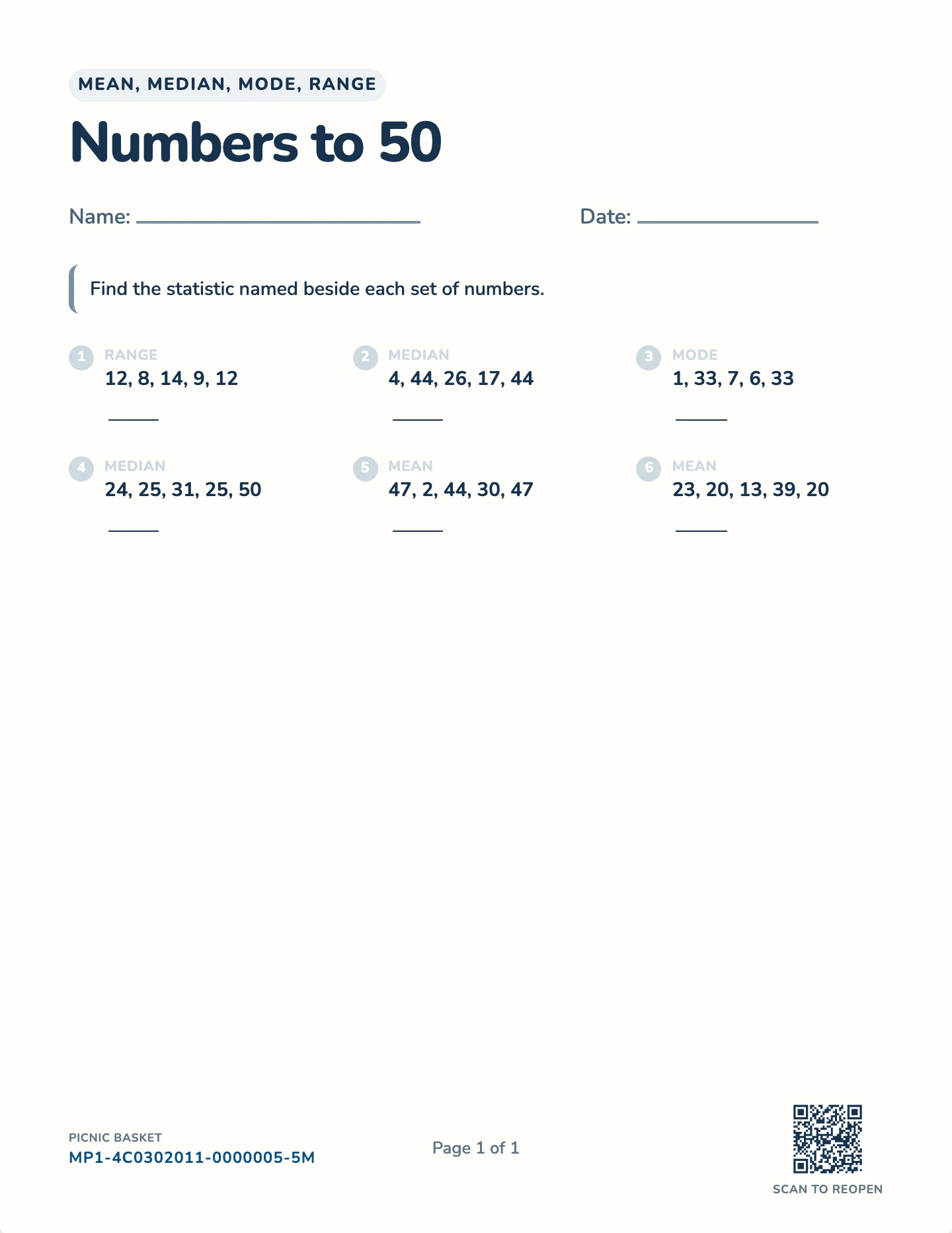 Mean, median, mode, and range worksheet — Sets of five, numbers to 20, 50, or 100, free printable with answer key