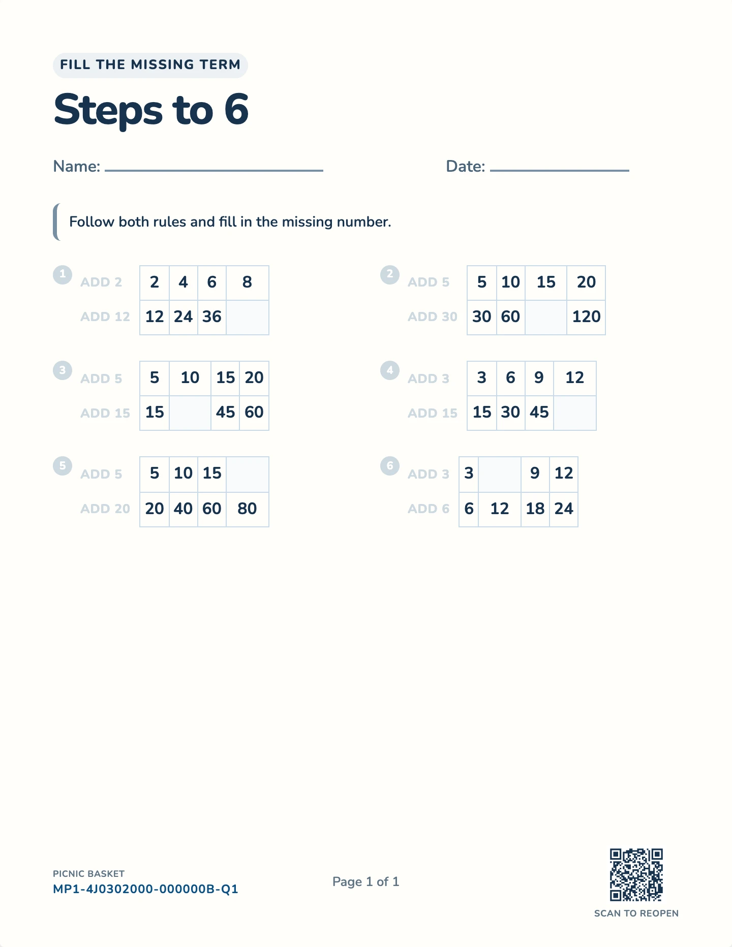 Two rules, two patterns worksheet — Steps to 6, 9, or 12, free printable with answer key