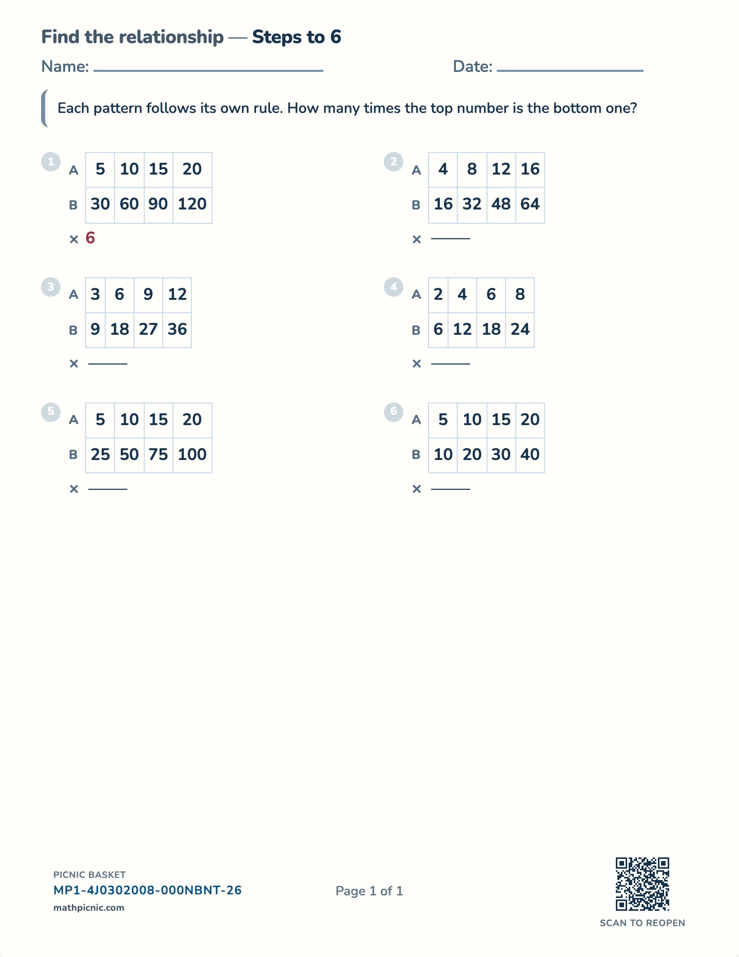 Relating two number patterns worksheet — Steps to 6, 9, or 12, free printable with answer key