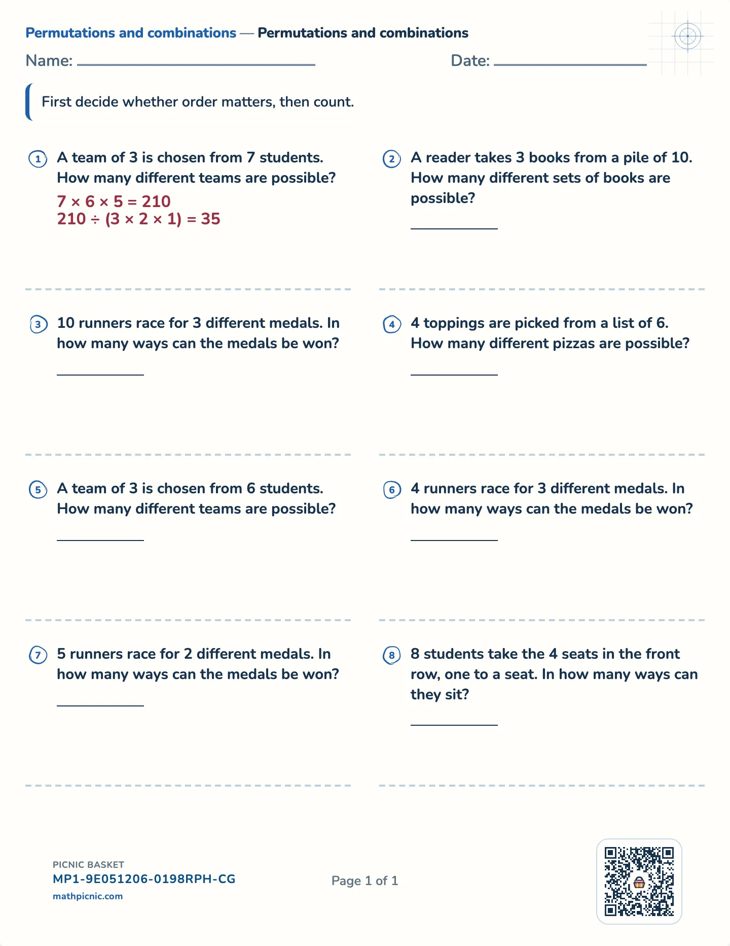 Permutations and combinations worksheet — Decide if order matters, free printable with answer key
