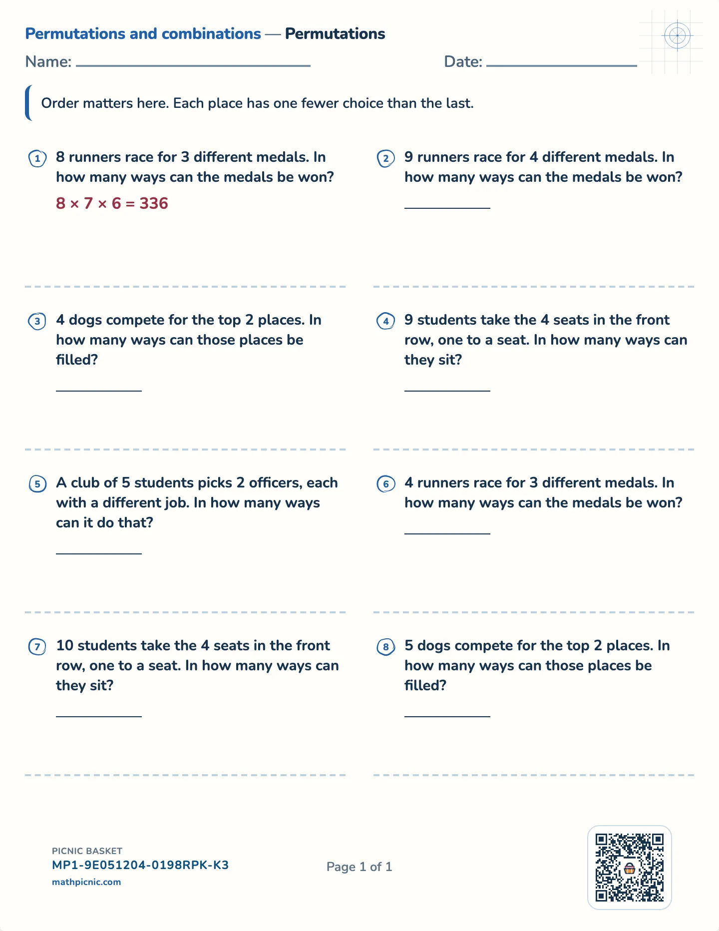 Permutations worksheet — Order matters, up to 4 places, free printable with answer key