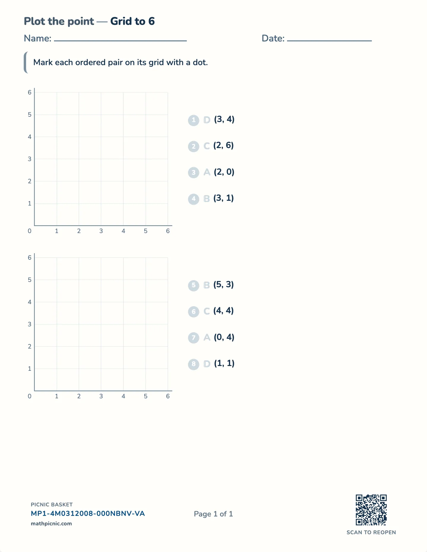 Plotting points worksheet — First quadrant, grids to 6, 8, or 10, free printable with answer key