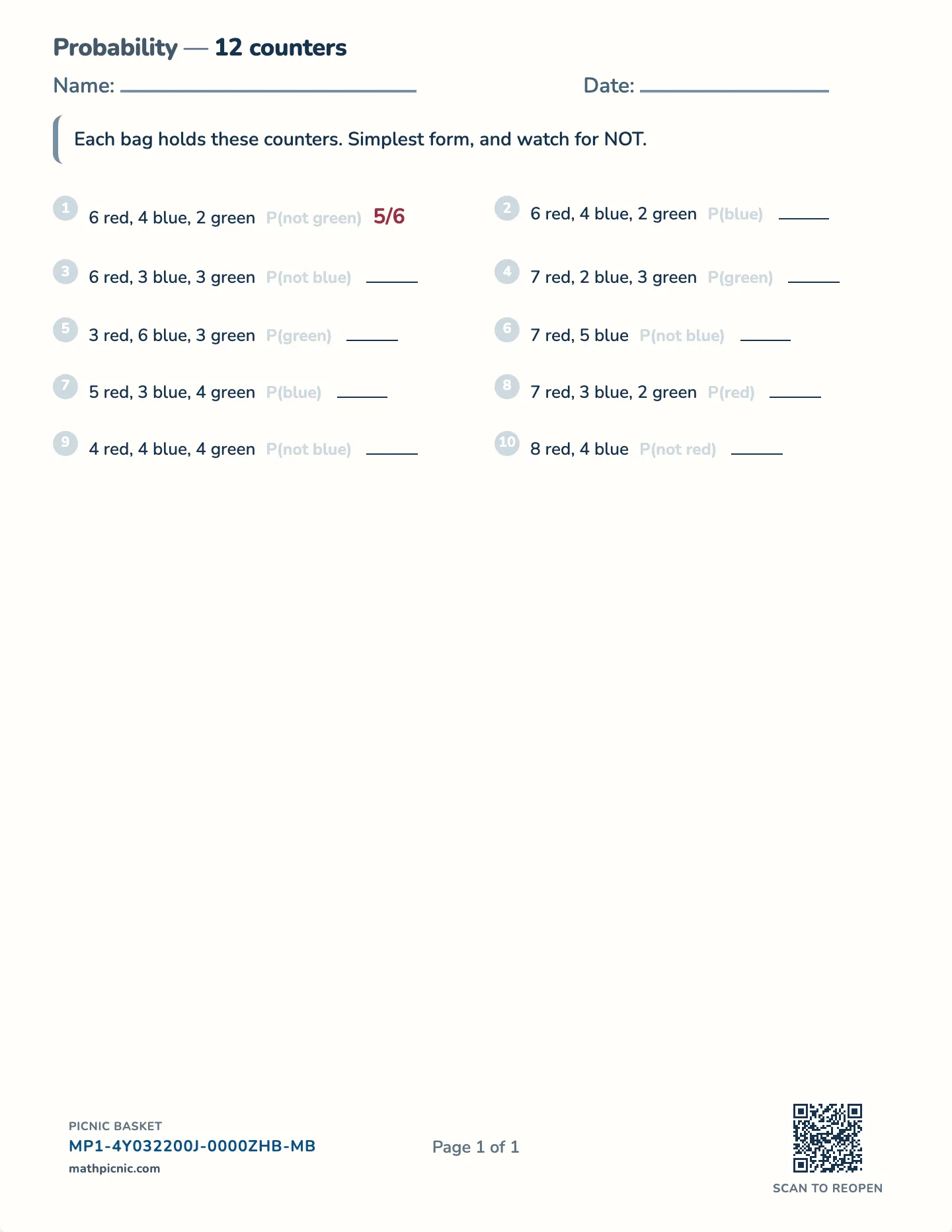 Probability worksheet — One event, simplified fraction, free printable with answer key