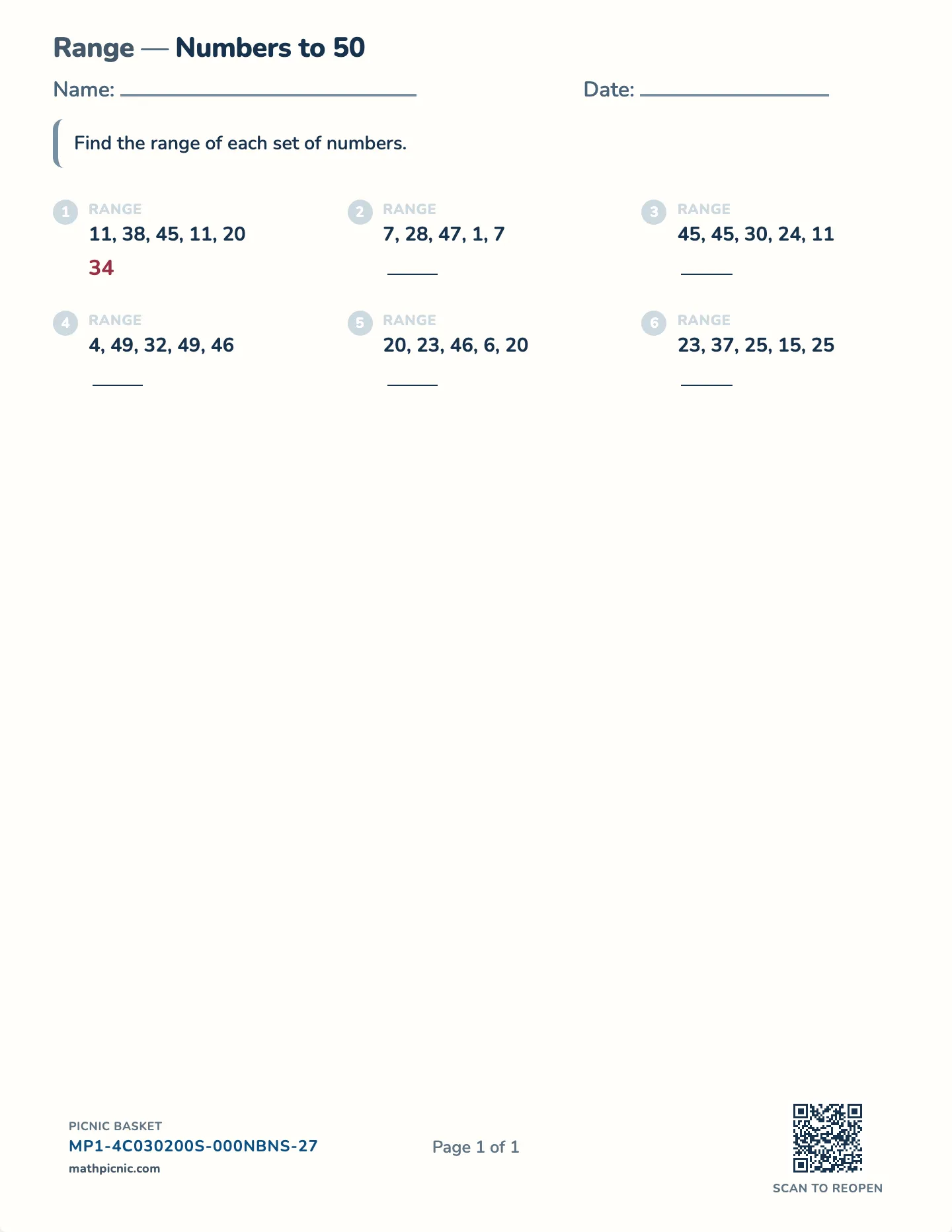 Range of a data set worksheet — Whole-number spread, free printable with answer key