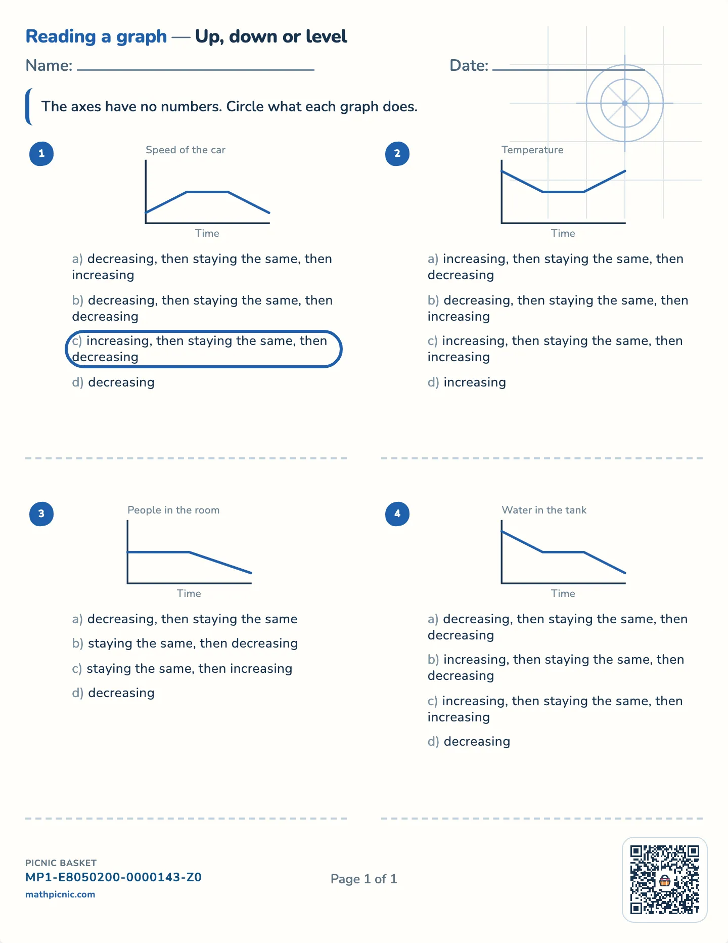 Reading a graph worksheet — No scale on the axes, free printable with answer key