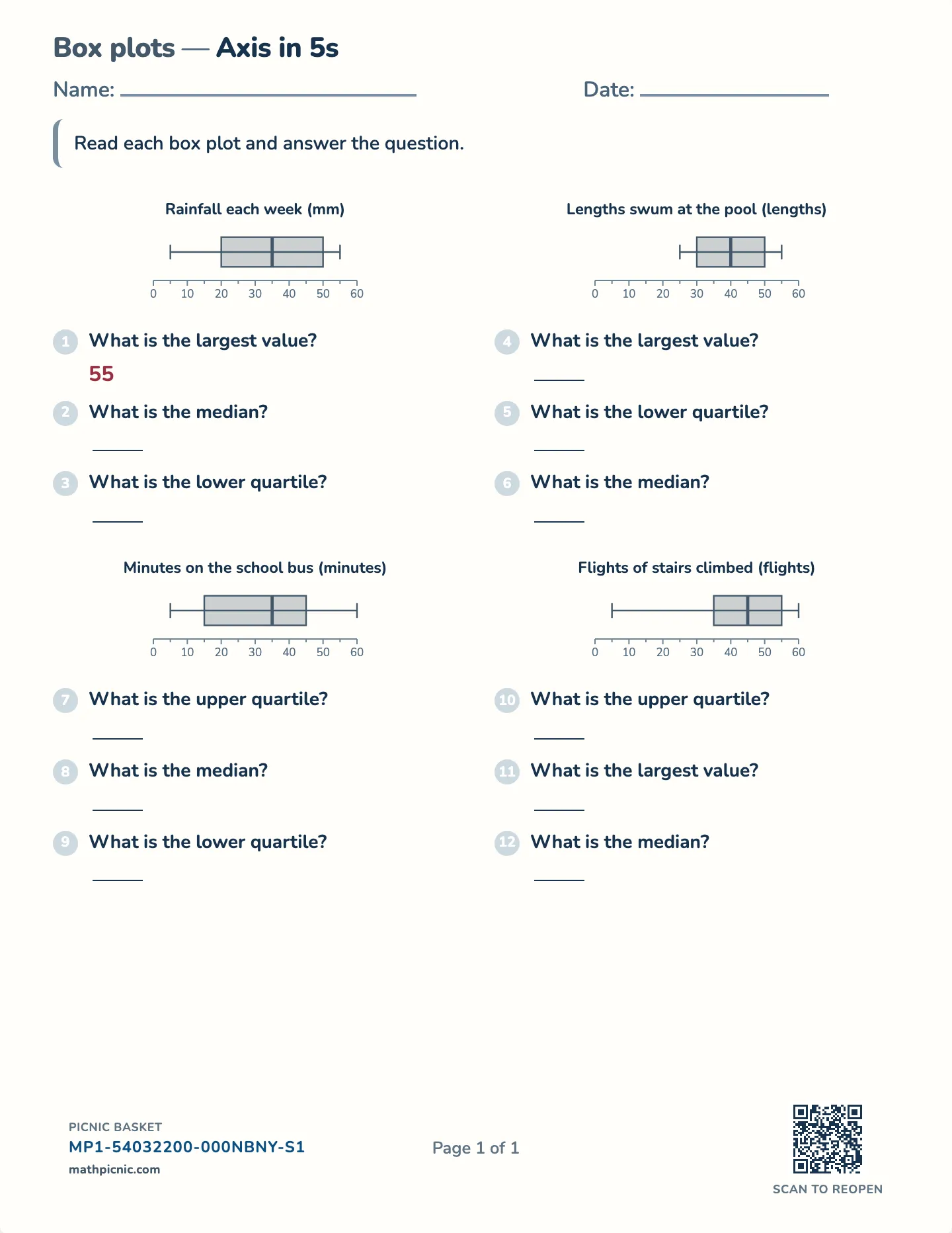 Reading box plots worksheet — Five-number summary, free printable with answer key