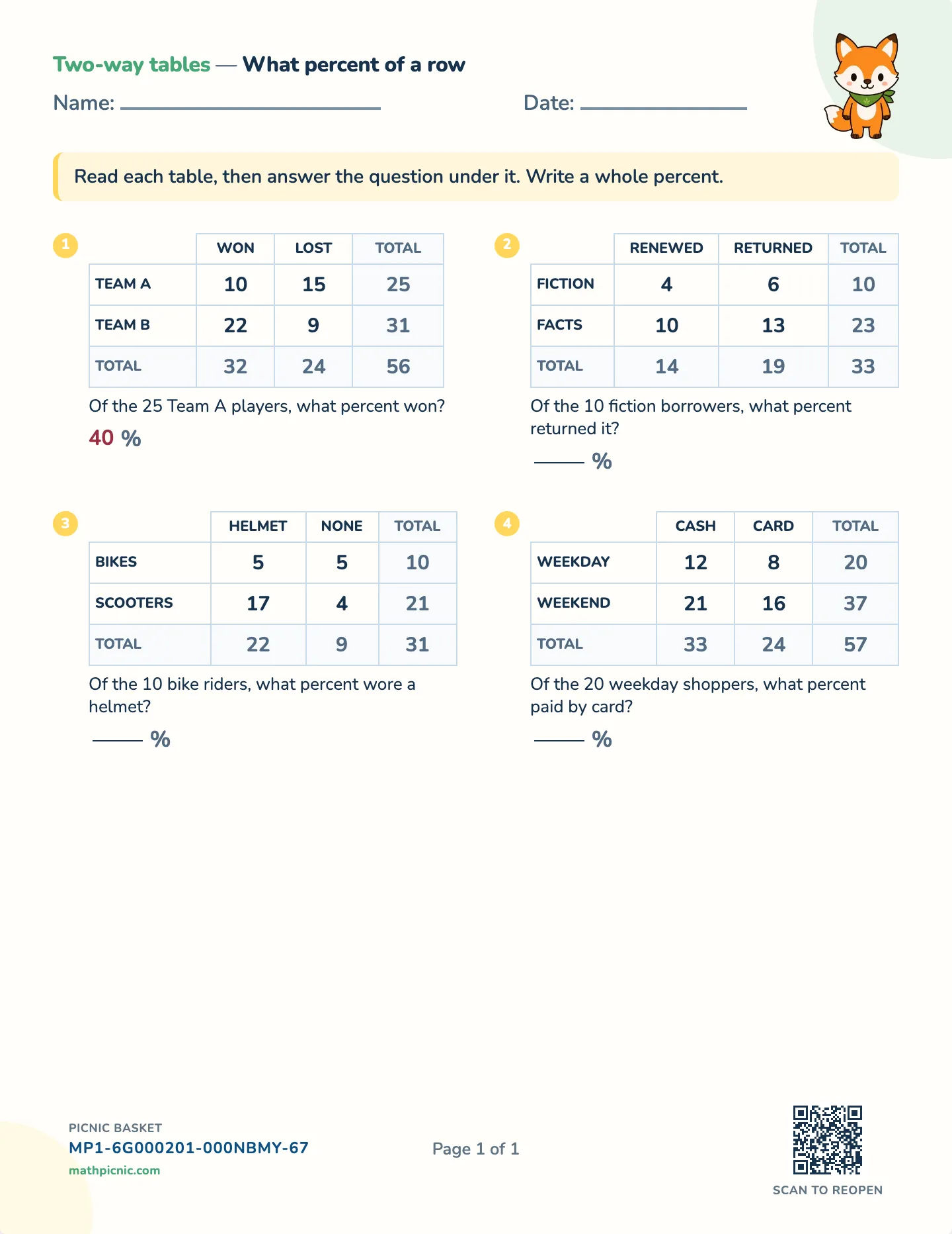 Relative frequency worksheet — Whole-percent row or column, free printable with answer key