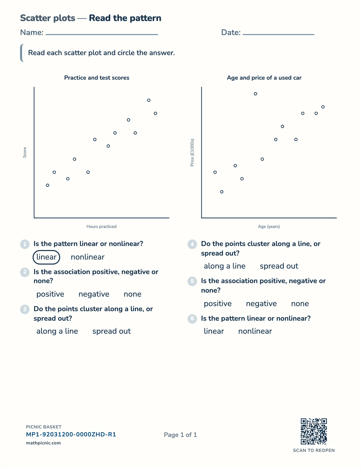 Scatter plots worksheet — Direction, shape, association, free printable with answer key