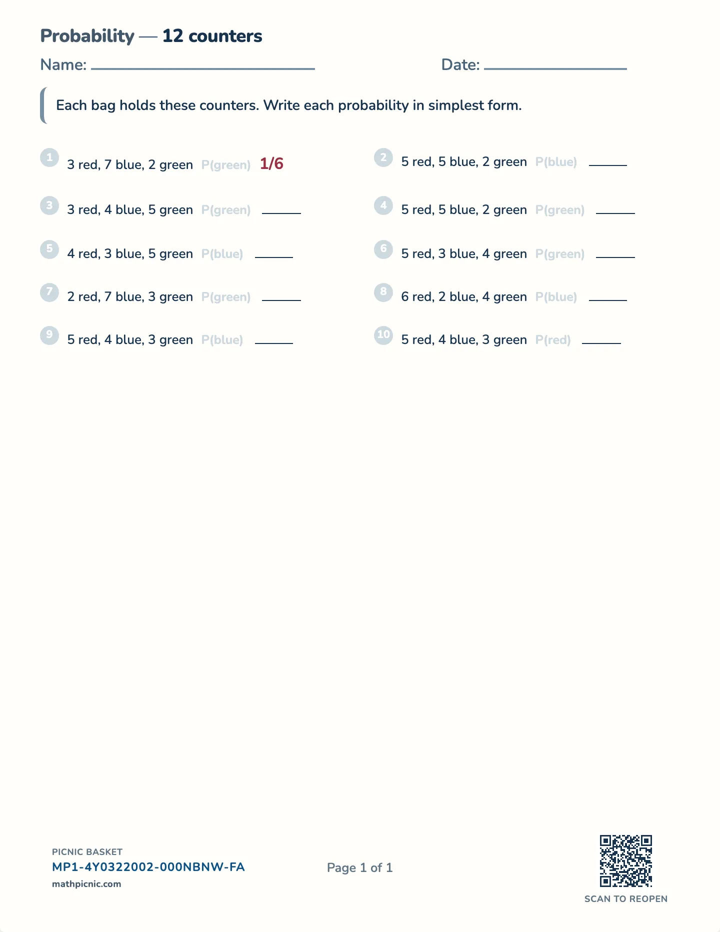 Simple probability worksheet — One event, simplified fraction, free printable with answer key