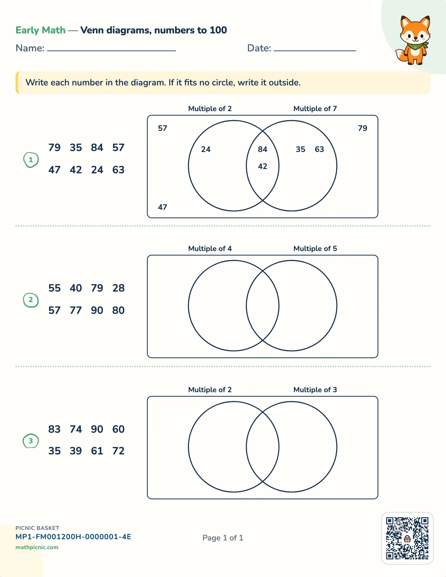 Venn diagrams with multiples worksheet — Eight numbers to 100, free printable with answer key