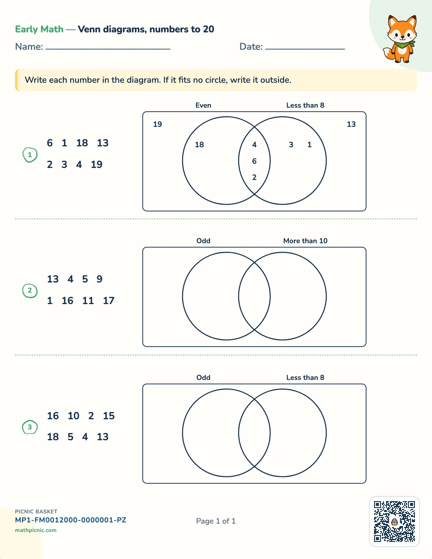 Venn diagrams worksheet — Eight numbers to 20, free printable with answer key