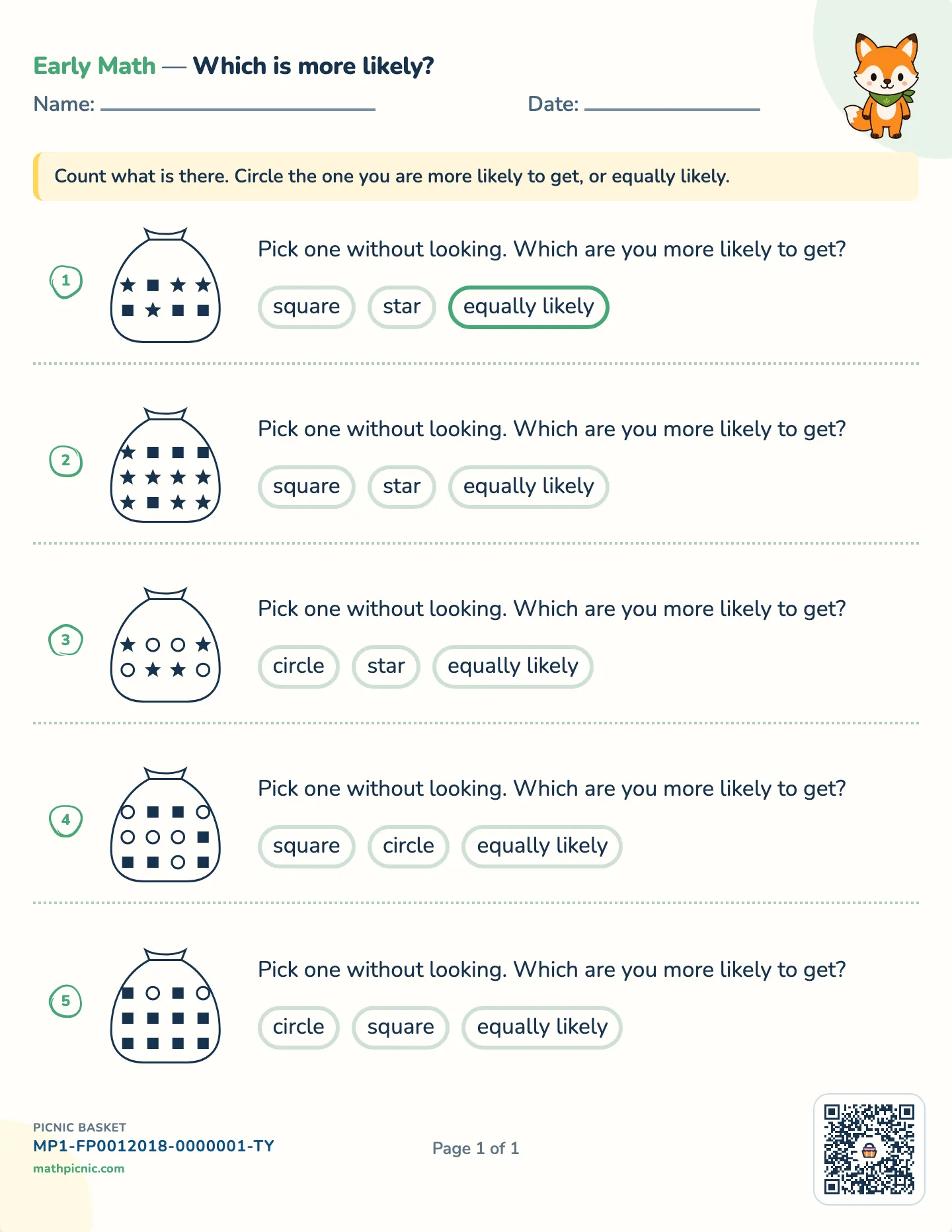 Which is more likely? worksheet — Bags of 8 to 12 shapes, free printable with answer key