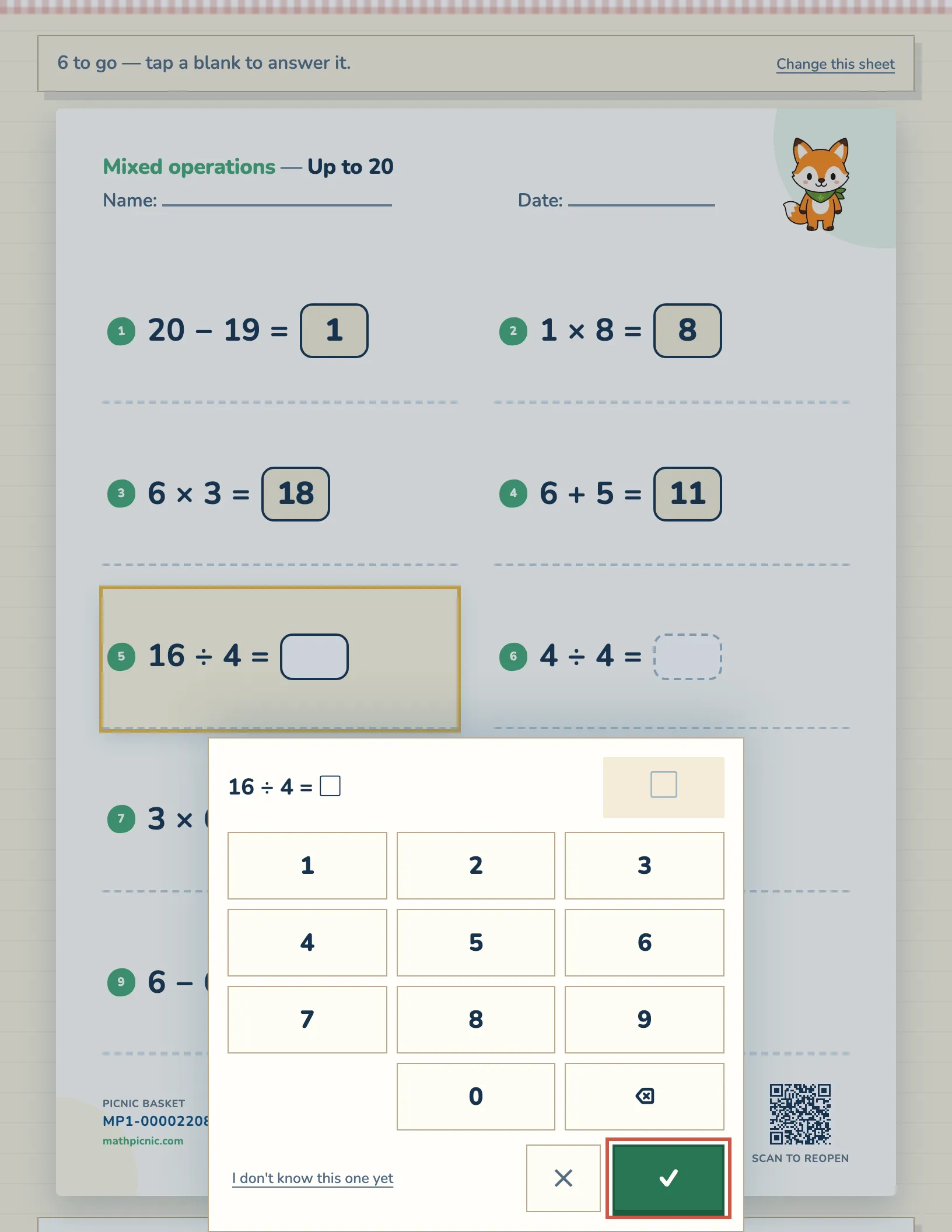 On-screen math practice with a number pad, questions marked as they are answered