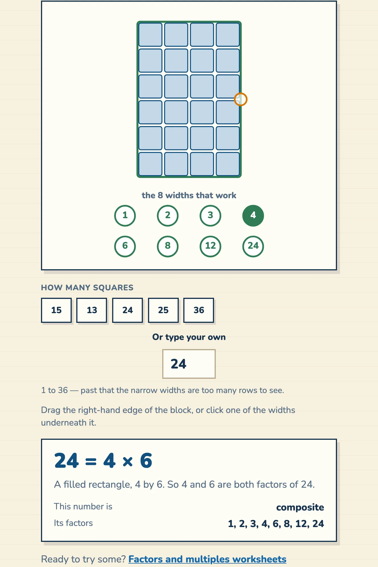 An interactive array explorer showing the factors of a number