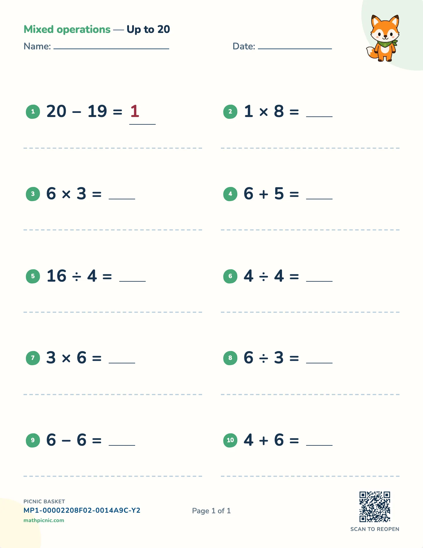 Printable mixed operations worksheet with addition, subtraction, multiplication, and division to 20