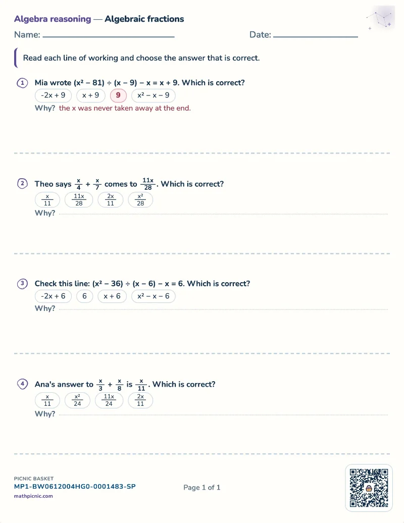 Algebraic fractions worksheet — free printable with answer key