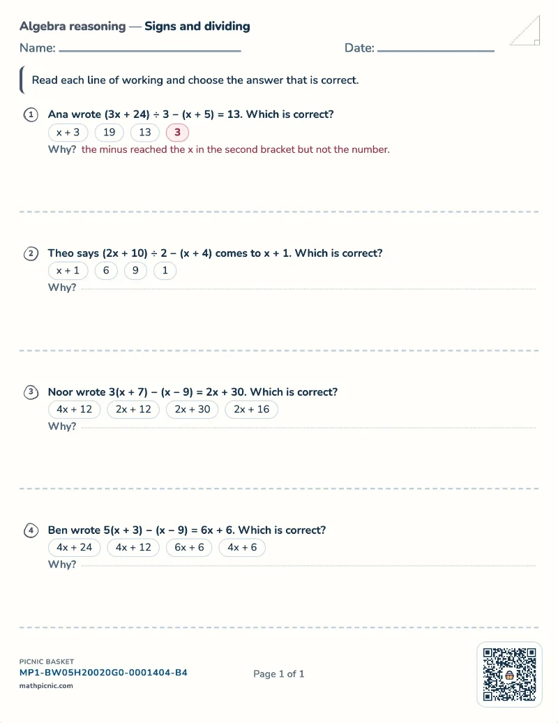Dividing and signs worksheet — free printable with answer key