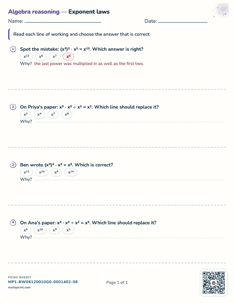 Exponent laws worksheet — free printable with answer key