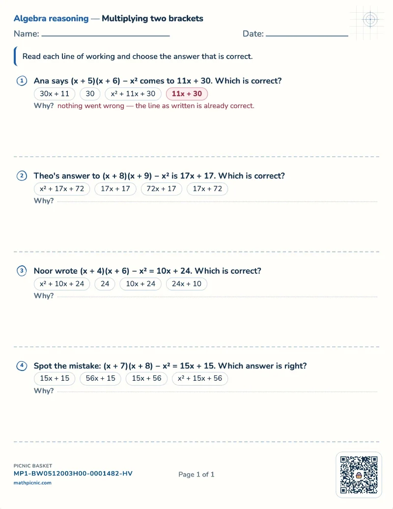 Multiplying two brackets worksheet — free printable with answer key
