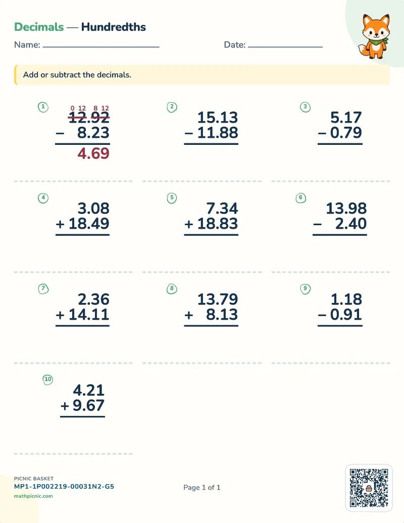 Adding and subtracting decimals worksheet — free printable with answer key