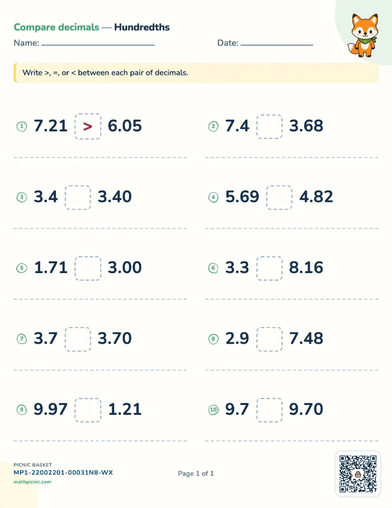 Comparing decimals worksheet — free printable with answer key