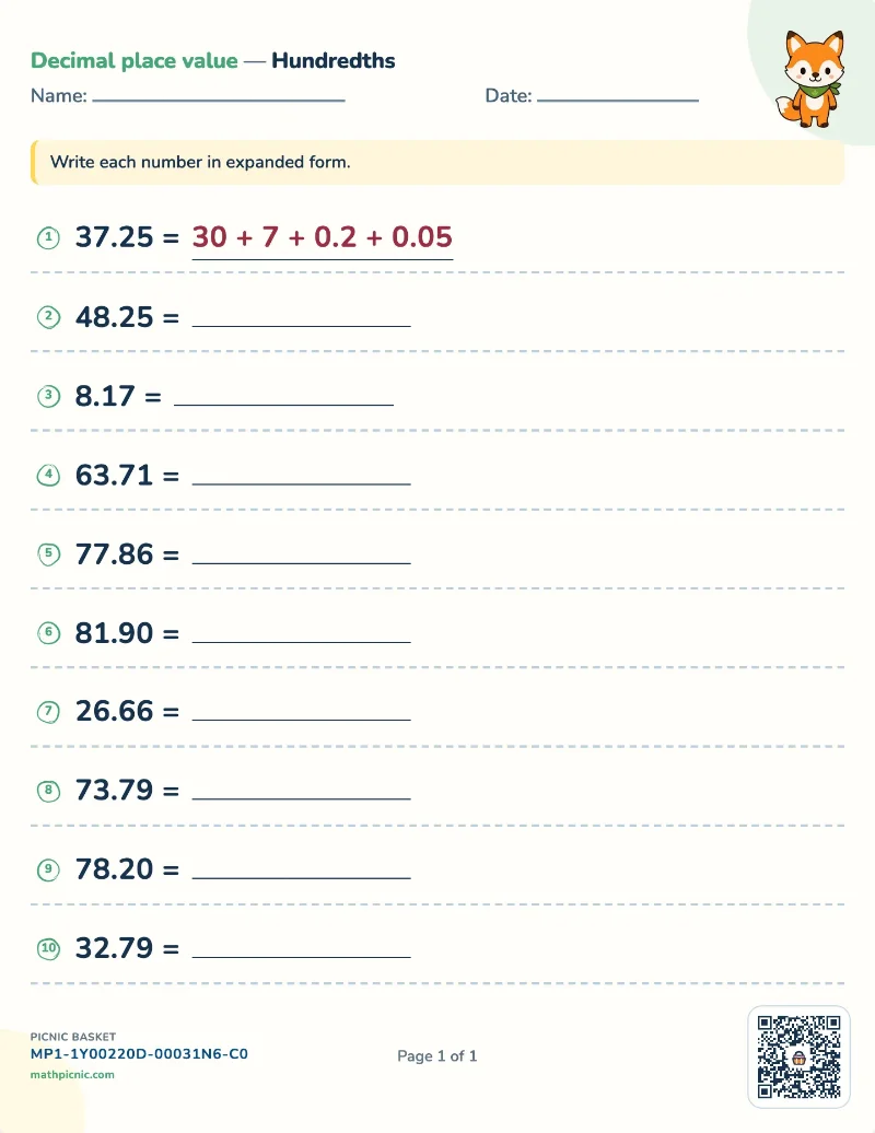 Decimals in expanded form worksheet — free printable with answer key