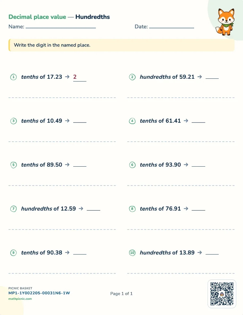 Digit in a decimal place worksheet — free printable with answer key