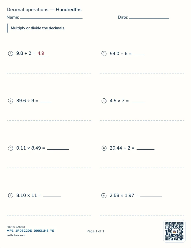 Multiplying and dividing decimals worksheet — free printable with answer key