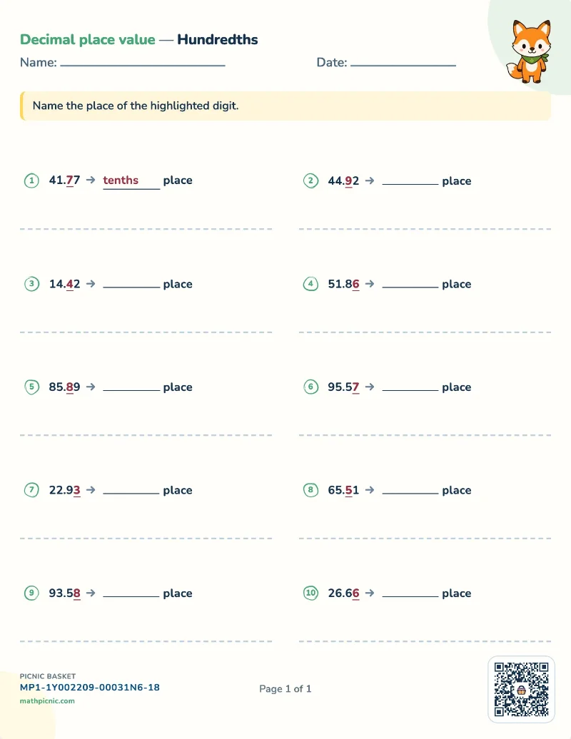 Naming decimal places worksheet — free printable with answer key