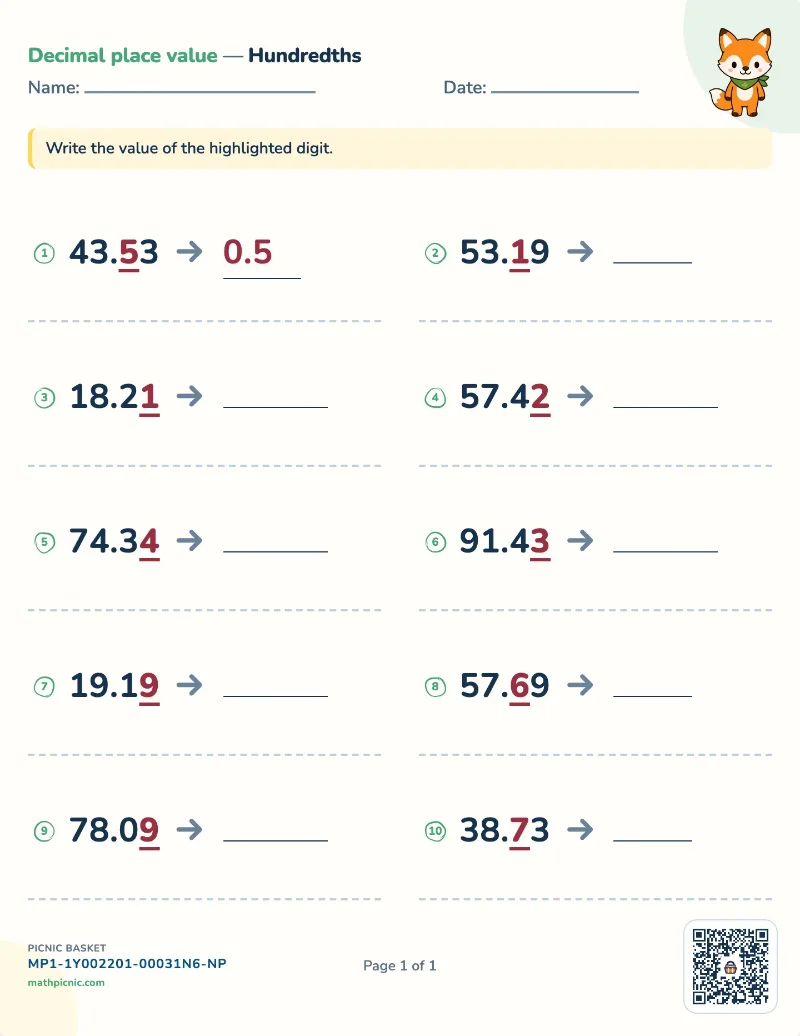 Decimal place value worksheet — free printable with answer key