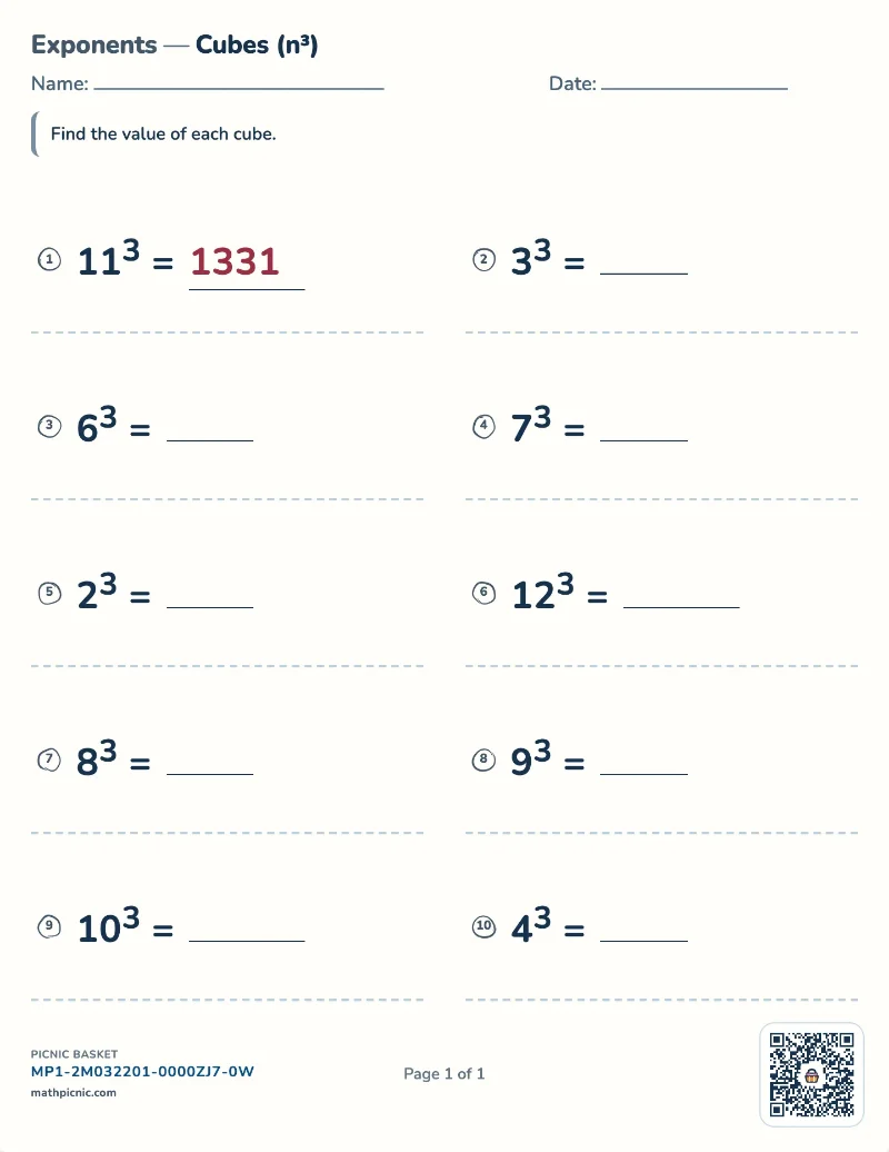 Cube numbers worksheet — free printable with answer key
