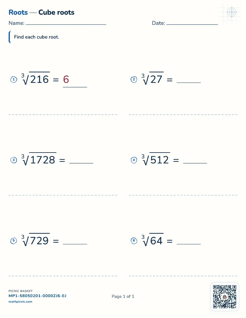 Cube roots worksheet — free printable with answer key
