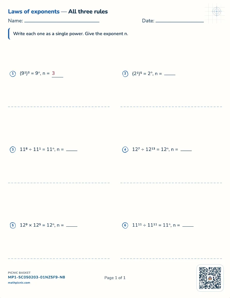 Laws of exponents worksheet — free printable with answer key