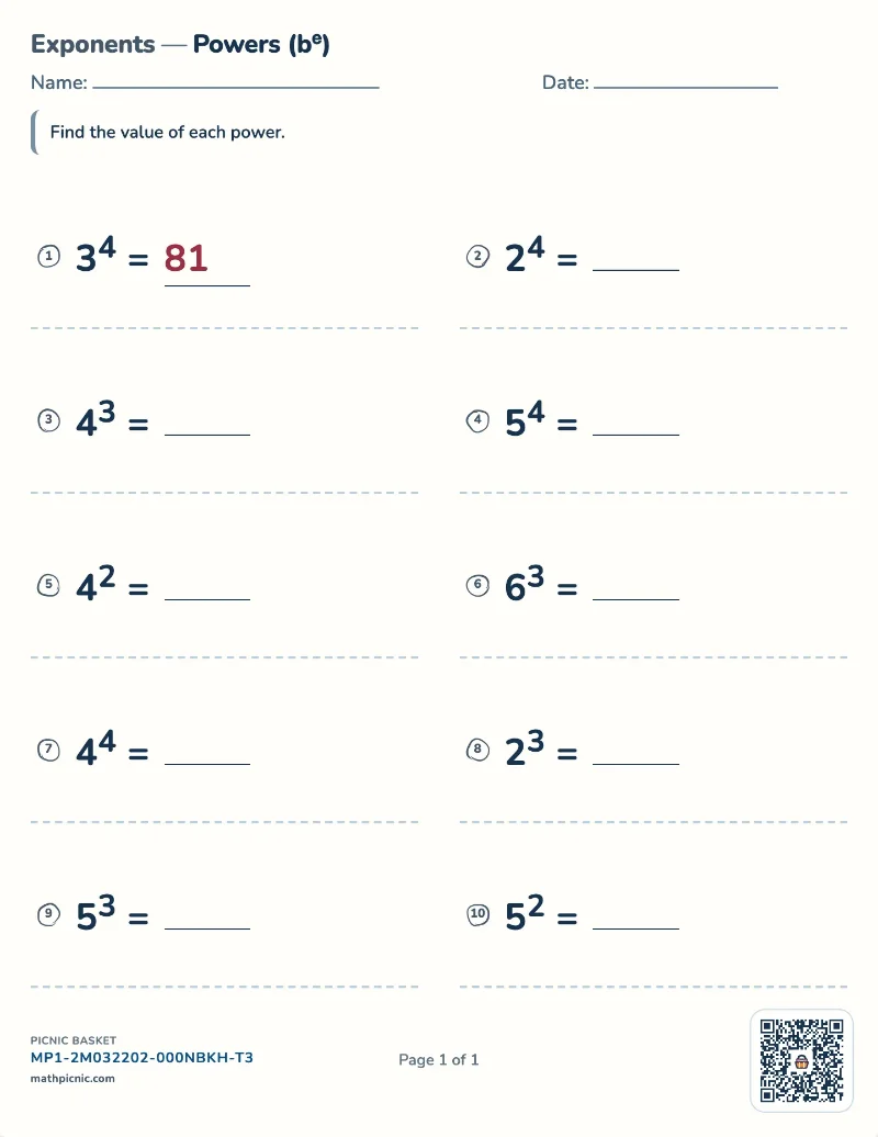 Powers of a number worksheet — free printable with answer key