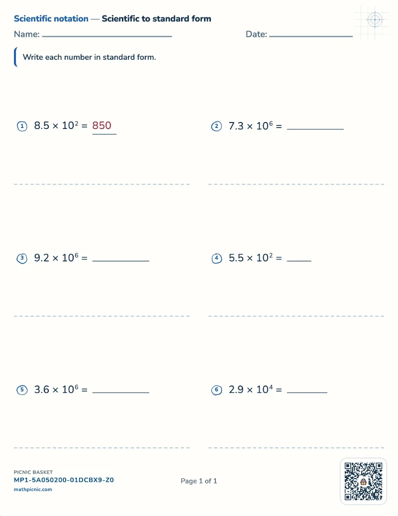 Scientific notation worksheet — free printable with answer key