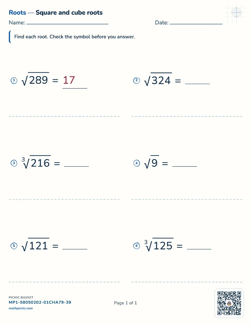 Square roots and cube roots worksheet — free printable with answer key