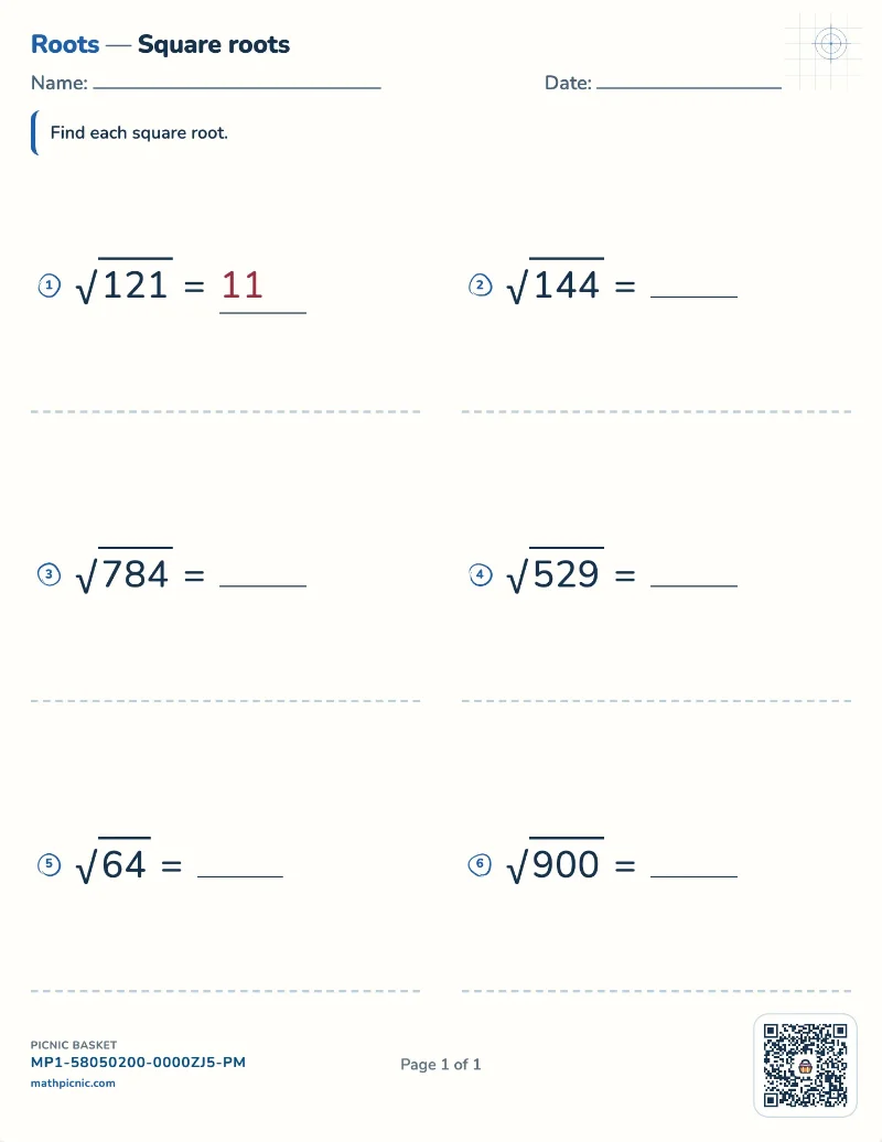 Square roots worksheet — free printable with answer key