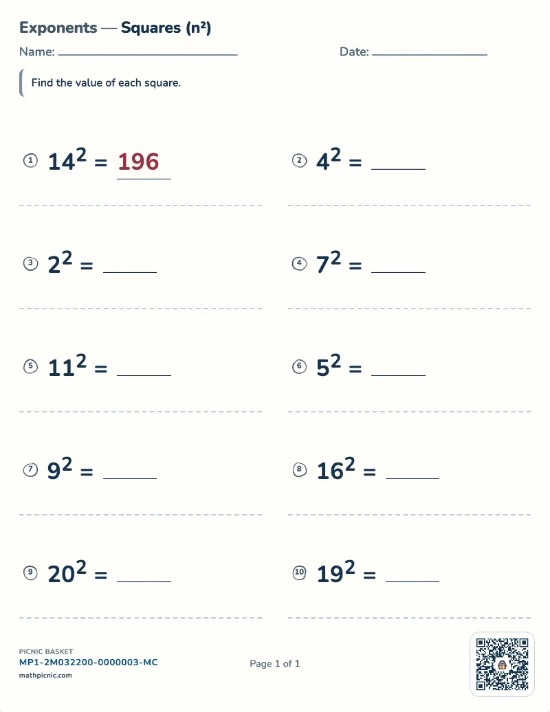Squares and powers worksheet — free printable with answer key