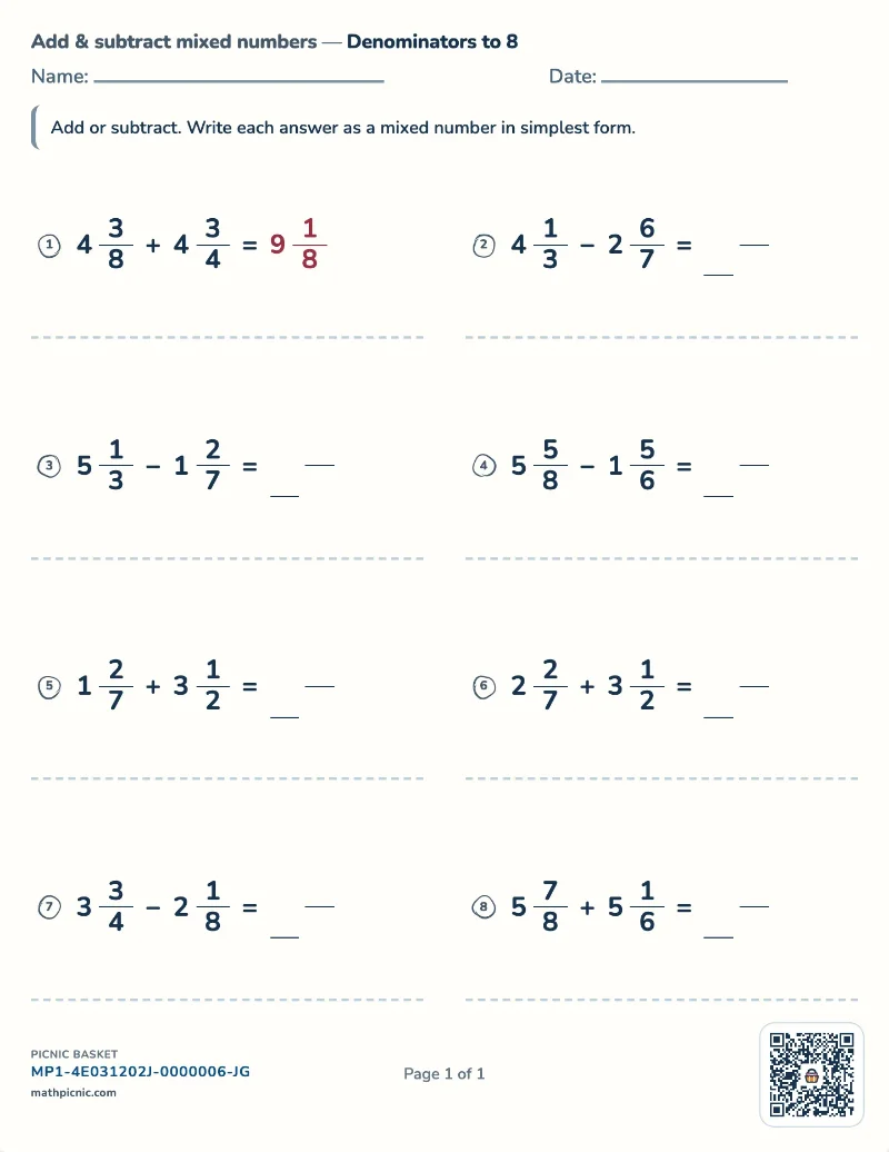 Adding and subtracting mixed numbers worksheet — free printable with answer key