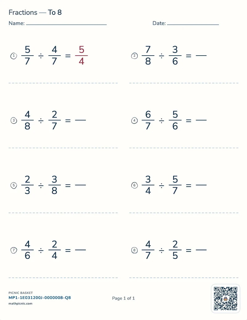 Dividing fractions worksheet — free printable with answer key