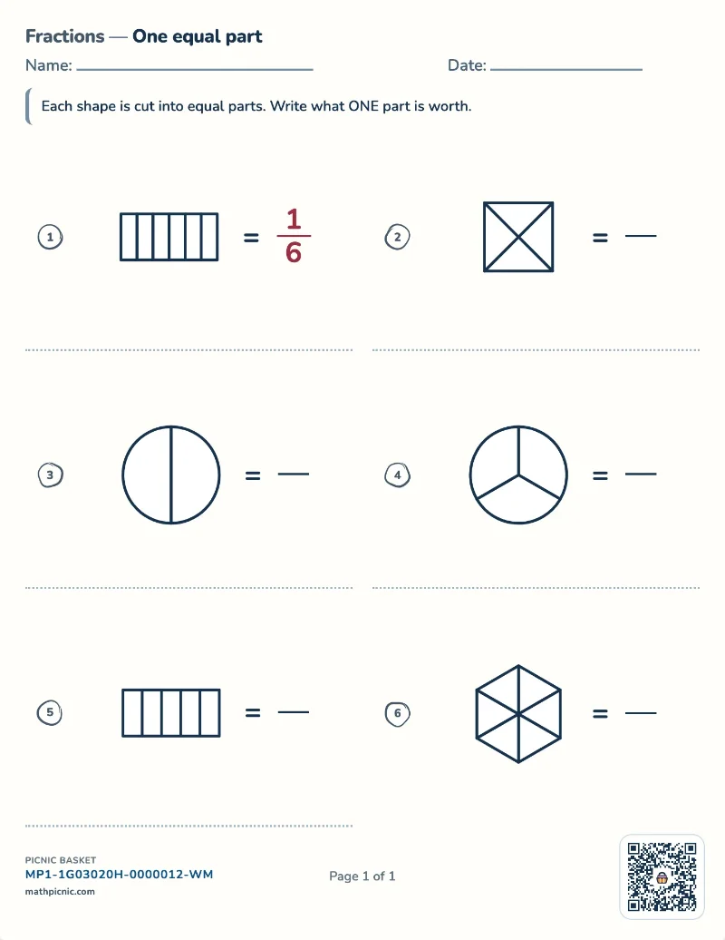 Equal parts and unit fractions worksheet — free printable with answer key