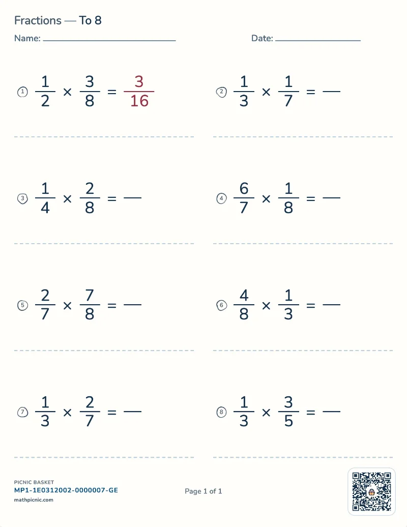 Multiplying fractions worksheet — free printable with answer key