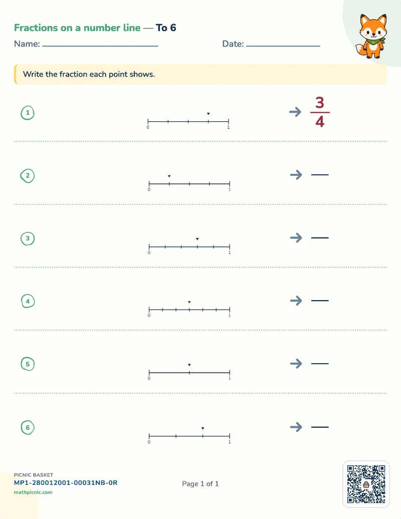 Fractions on a number line worksheet — free printable with answer key