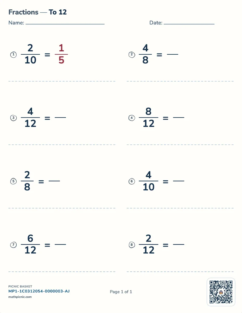 Simplifying fractions worksheet — free printable with answer key