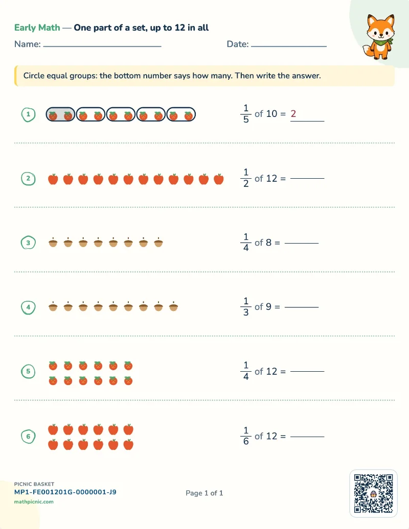 Unit fractions of a set worksheet — free printable with answer key