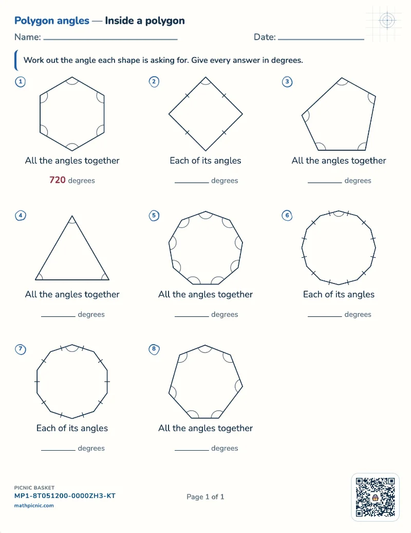 Angles in a polygon worksheet — free printable with answer key