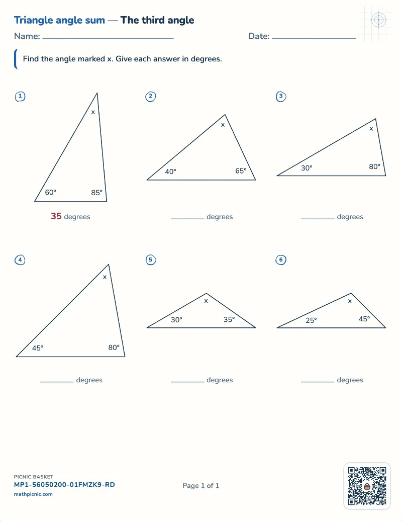 Angles in a triangle worksheet — free printable with answer key