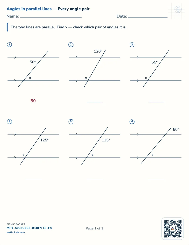 Angles in parallel lines worksheet — free printable with answer key